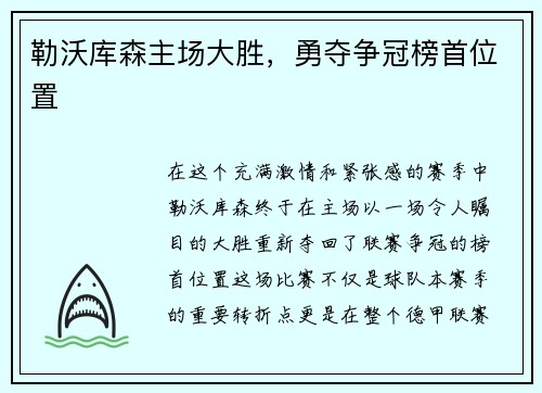 勒沃库森主场大胜，勇夺争冠榜首位置