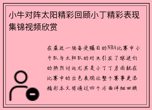 小牛对阵太阳精彩回顾小丁精彩表现集锦视频欣赏